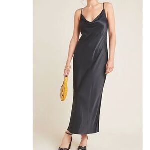 NWT Anthropologie Elyse black Slip Dress midi satin cowl neck adjustable LP